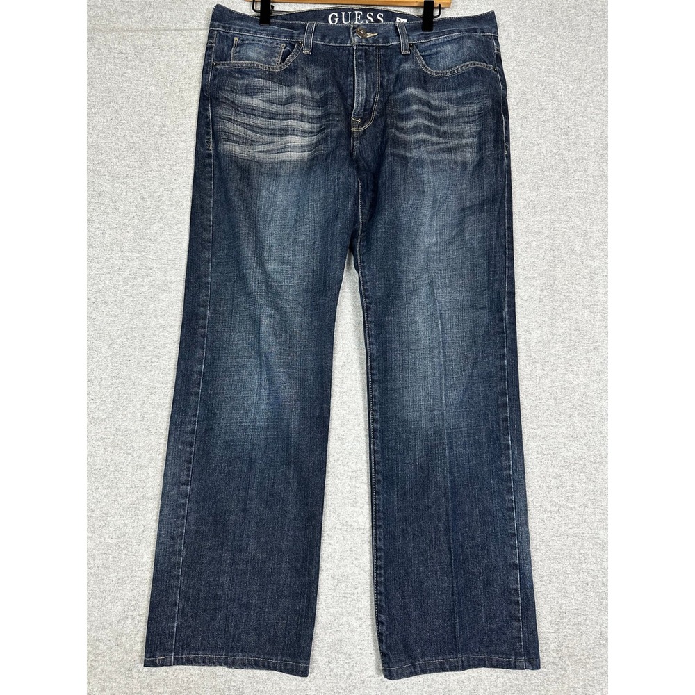Guess Lincoln Slim Straight Jeans Mens 36x29 Blue Whiskered Denim